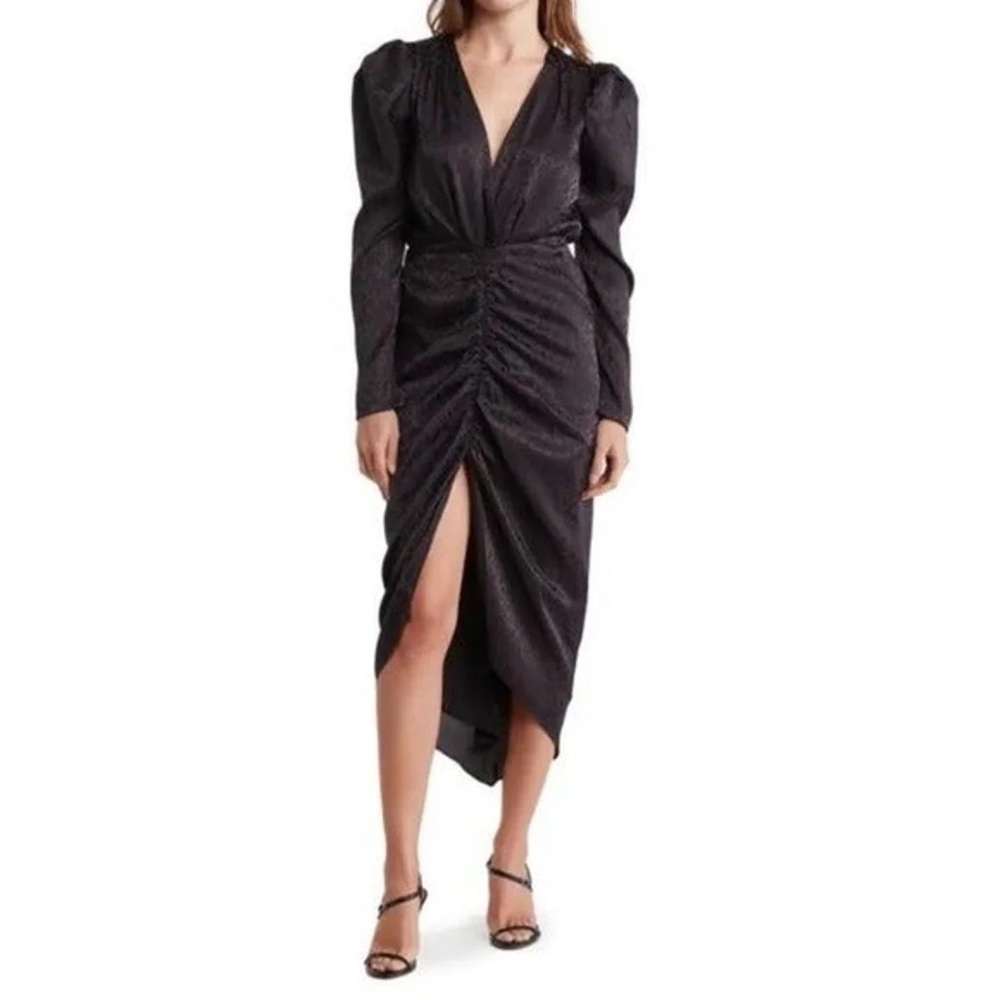 TORN BY RONNY KOBO Astrid Leopard Jacquard Satin Black Ruched Slit Dress